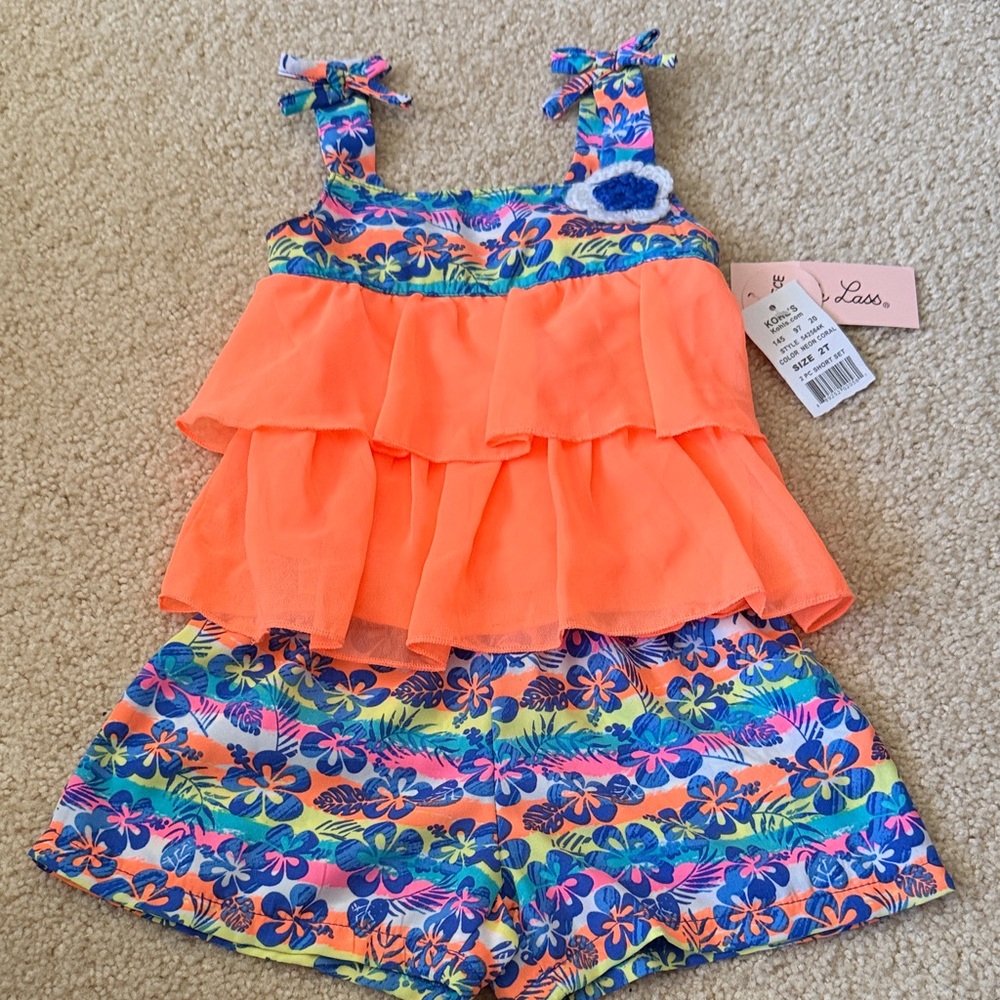 Little Lass Neon Orange Tiered Ruffle Tank with Tropical Floral Shorts